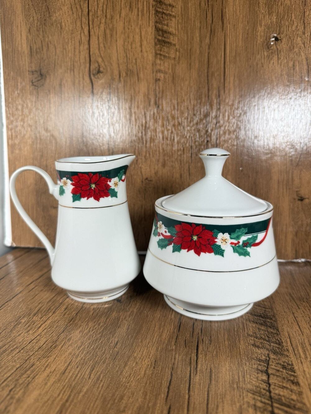 Vintage Tienshan Deck The Halls Christmas Sugar and Creamer Set, Poinsettias Red